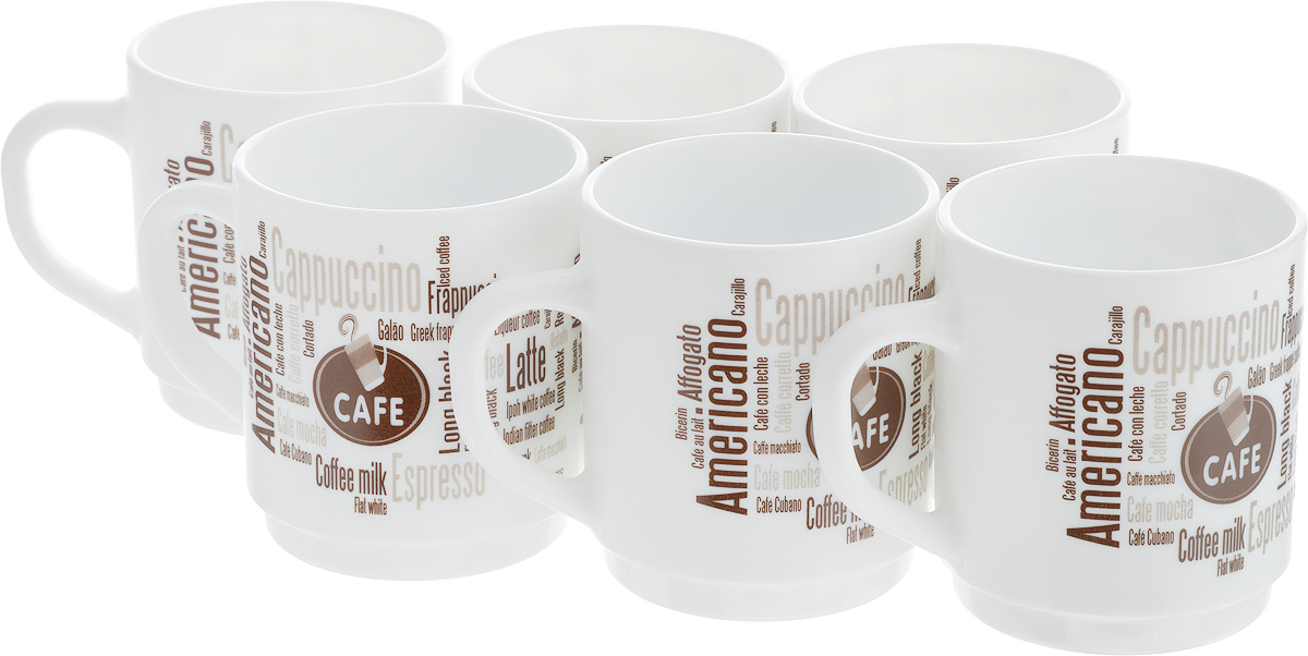 Набор кружек Luminarc Coffeepedia, 290 мл, 6 штL7713 Набор кружек Luminarc Coffeepedia, 290 мл, 6 штL7713Набор Luminarc Coffeepedia состоит из шести кружек. Предметы набора изготовлены из высококачественного стекла и обладают высокой степенью прочности, устойчивостью к царапинам и резким перепадам температур.Кружки оформлены оригинальными надписями в кофейной тематике. Чайный набор яркого и лаконичного дизайна, украсит интерьер кухни и сделает ежедневное чаепитие настоящим праздником. Можно использовать в микроволновой печи, и мыть в посудомоечной машине. Бренд Luminarc - это один из лидеров мирового рынка по производству посуды и товаров для дома. В основе процесса изготовления лежит высококачественное сырье, а также строгий контроль качества. Товары для дома Luminarc уважают и ценят во всем мире, а многие эксперты считают данного производителя эталоном совершенства.Объем чашек: 290 мл.Диаметр чашек (по верхнему краю): 7,8 см.Высота чашек: 8,5 см.
