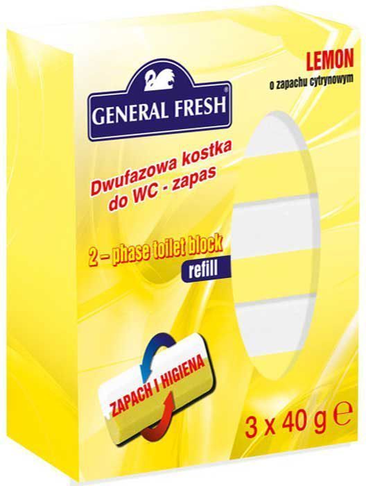 Двухкомпонентный ароматический вкладыш к подвеске General Fresh, лимон, 3 шт х 40 г514022 Двухкомпонентный ароматический вкладыш к подвеске General Fresh, лимон, 3 шт х 40 г514022Двухкомпонентный ароматический блок для унитазов обладает антибактериальным эффектом. Обеспечивает: устойчивый свежий аромат в туалетной комнате, гигиеническую чистоту и защиту от известкового налета. Товар сертифицирован.