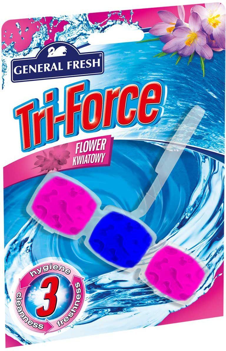 Подвеска для очистки и ароматизации туалета General Fresh Tri-Force. Flower kwiatowy, 1 шт517001 Подвеска для очистки и ароматизации туалета General Fresh Tri-Force. Flower kwiatowy, 1 шт517001Высокоэффективная инновационная формула освежителя с цветочным ароматом для унитазов Tri-Force обеспечивает идеальную чистоту и свежесть. Тройная сила ингредиентов создает обильную, густую пену, которая убивает микробы надолго и обеспечивает наибольший чистящий эффект. Товар сертифицирован.