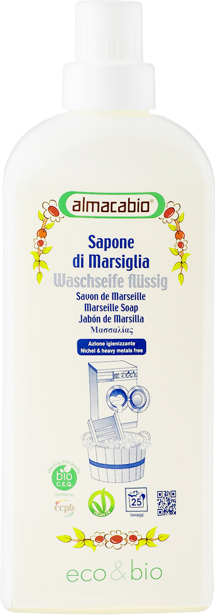 Мыло для стирки Almacabio Laundry Liquid Soap Marseille. Марсельское, жидкое, 1 л10646 Мыло для стирки Almacabio Laundry Liquid Soap Marseille. Марсельское, жидкое, 1 л10646Мыло для стирки Almacabio Laundry Liquid Soap Marseille. Марсельское специально разработано для стирки деликатных, шерстяных изделий: ангора, кашемир, мериносовая шерсть и шелк. Отлично удаляет загрязнения, смешанные пятна, пятна от жира, органических отходов. Устраняет неприятные запахи и оставляет приятный аромат. Придает одежде мягкость, смягчает волокна тканей. Не содержит загустителей, нейтрализует остатки щелочных веществ после стирки. Не требуется дополнительной специальной защиты стиральной машины от известковых отложений. Помогает предотвратить образование накипи и отложений. Оказывает антибактериальное действие.Товар сертифицирован.