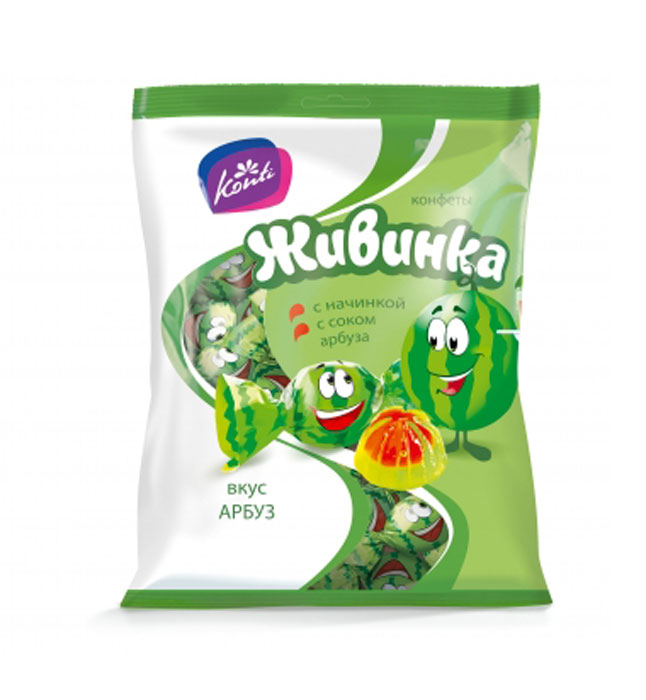 Konti Живинка конфеты желейные со вкусом арбуза, 250 г4600495515827 Konti Живинка конфеты желейные со вкусом арбуза, 250 г4600495515827Яркая, веселая, сочная желейная конфета со вкусом ароматного арбуза с жидкой начинкой, сделана на основе природного загустителя каррагинана.Уважаемые клиенты!Обращаем ваше внимание на возможные изменения в дизайне упаковки. Качественные характеристики товара остаются неизменными. Поставка осуществляется в зависимости от наличия на складе.