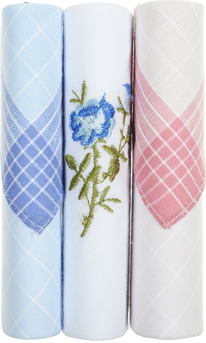 Платок носовой женский Zlata Korunka, цвет: голубой, белый, розовый, 3 шт. 40423-88. Размер 28 см х 28 см