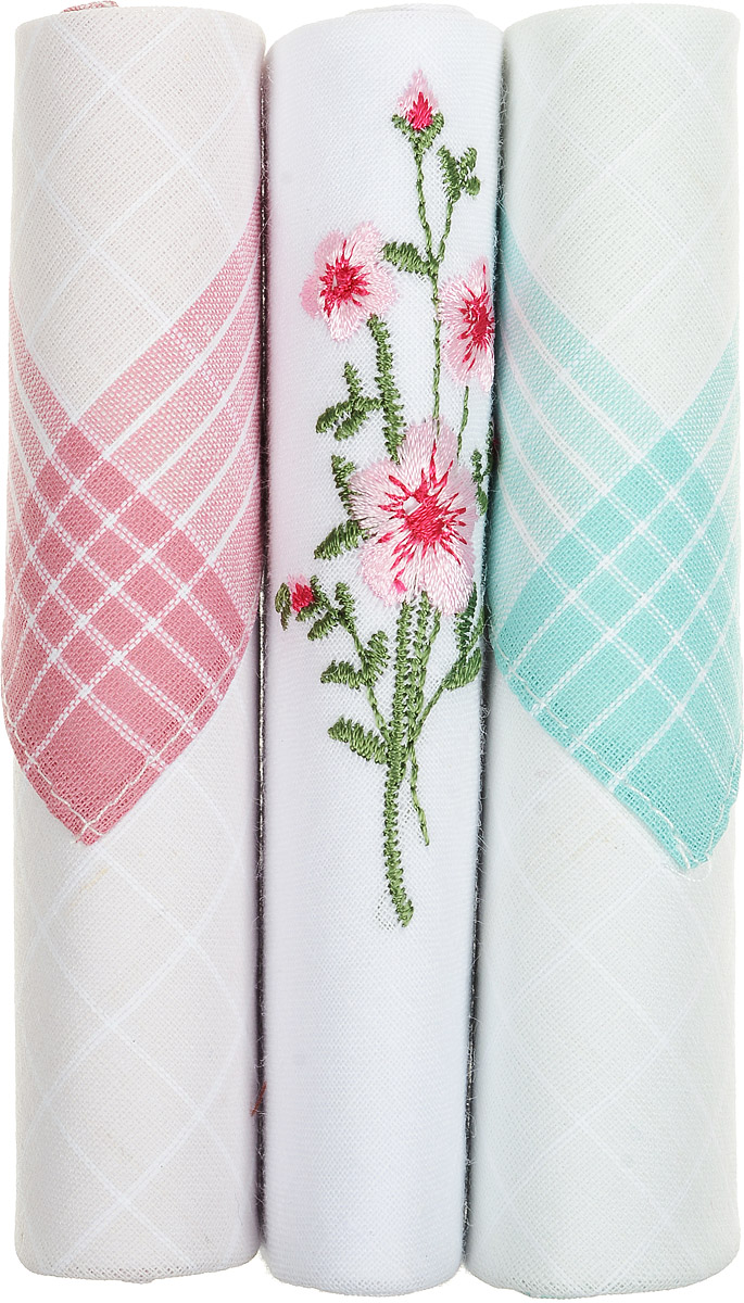 Платок носовой женский Zlata Korunka, цвет: розовый, белый, бирюзовый, 3 шт. 40423-128. Размер 28 см х 28 см