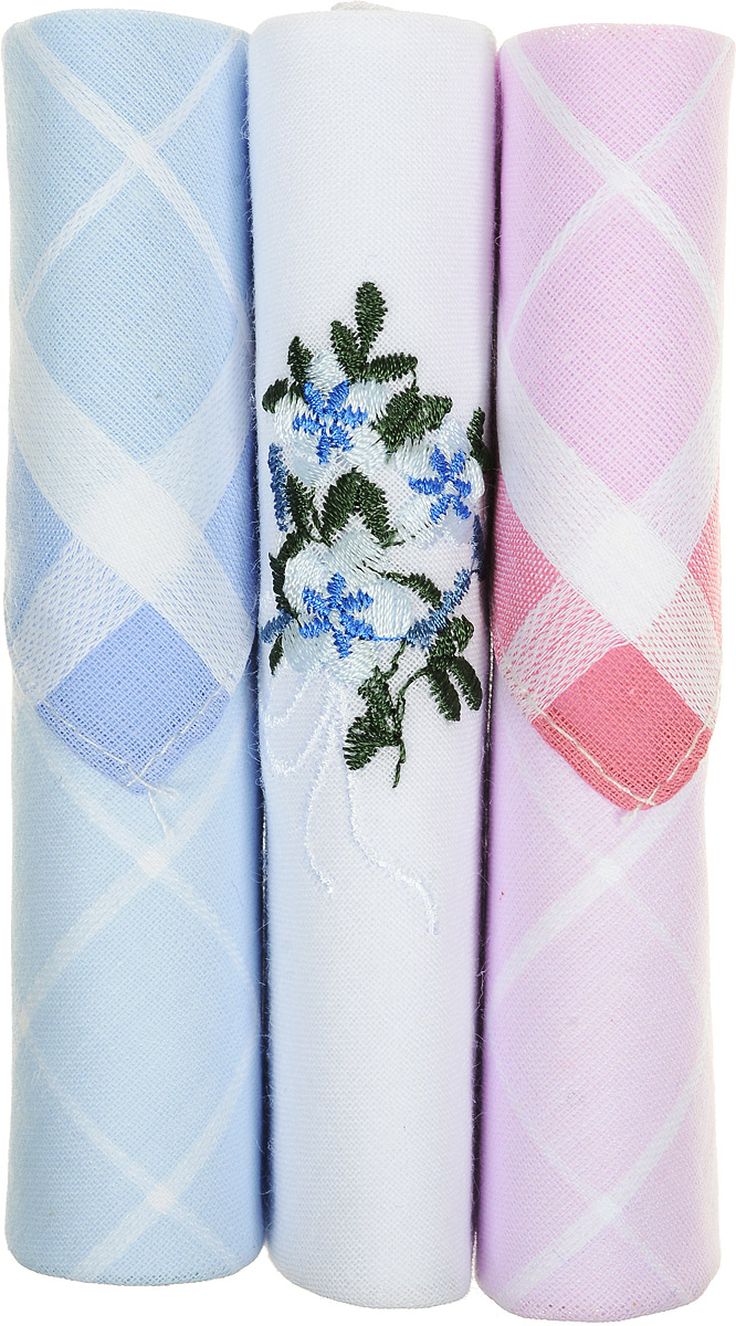 Платок носовой женский Zlata Korunka, цвет: голубой, белый, розовый, 3 шт. 40423-32. Размер 28 см х 28 см