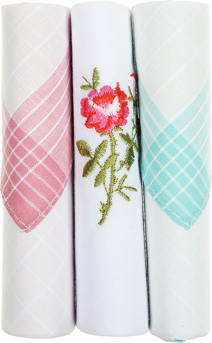 Платок носовой женский Zlata Korunka, цвет: розовый, белый, бирюзовый, 3 шт. 40423-89. Размер 28 см х 28 см