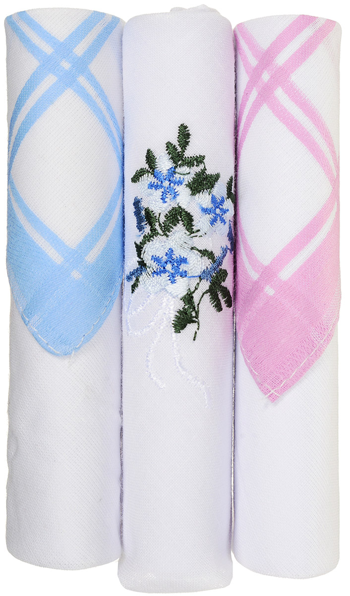 Платок носовой женский Zlata Korunka, цвет: белый, голубой, розовый, 3 шт. 40423-10. Размер 28 см х 28 см