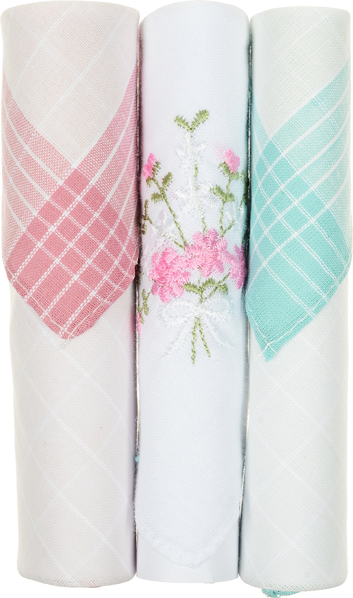 Платок носовой женский Zlata Korunka, цвет: розовый, белый, бирюзовый, 3 шт. 40423-71. Размер 28 см х 28 см