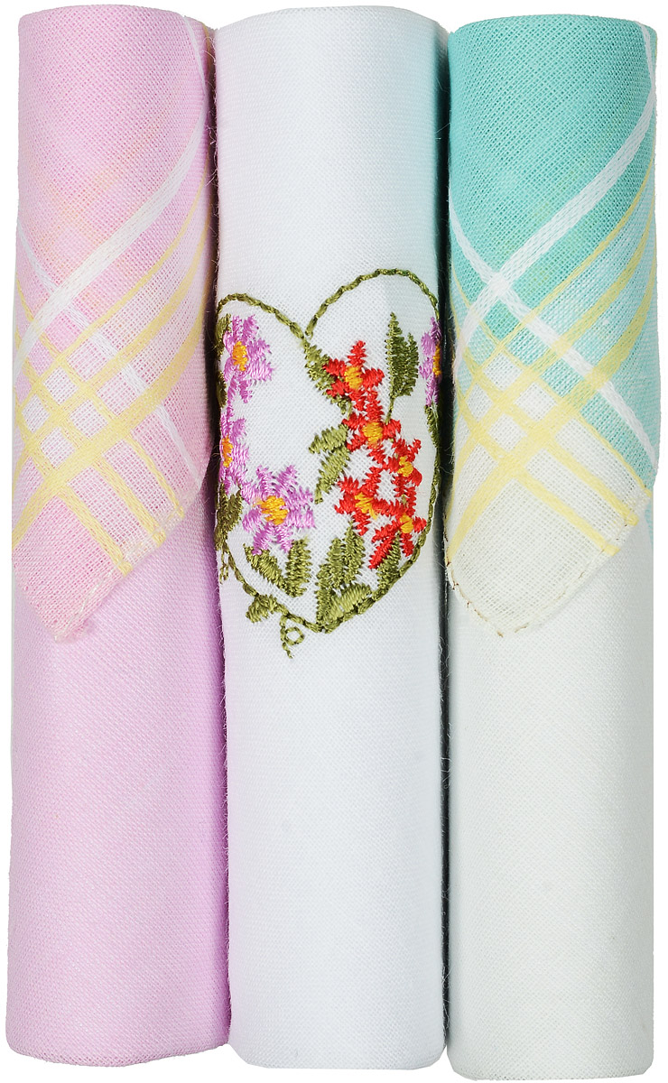 Платок носовой женский Zlata Korunka, цвет: розовый, белый, бирюзовый, 3 шт. 40423-77. Размер 28 см х 28 см