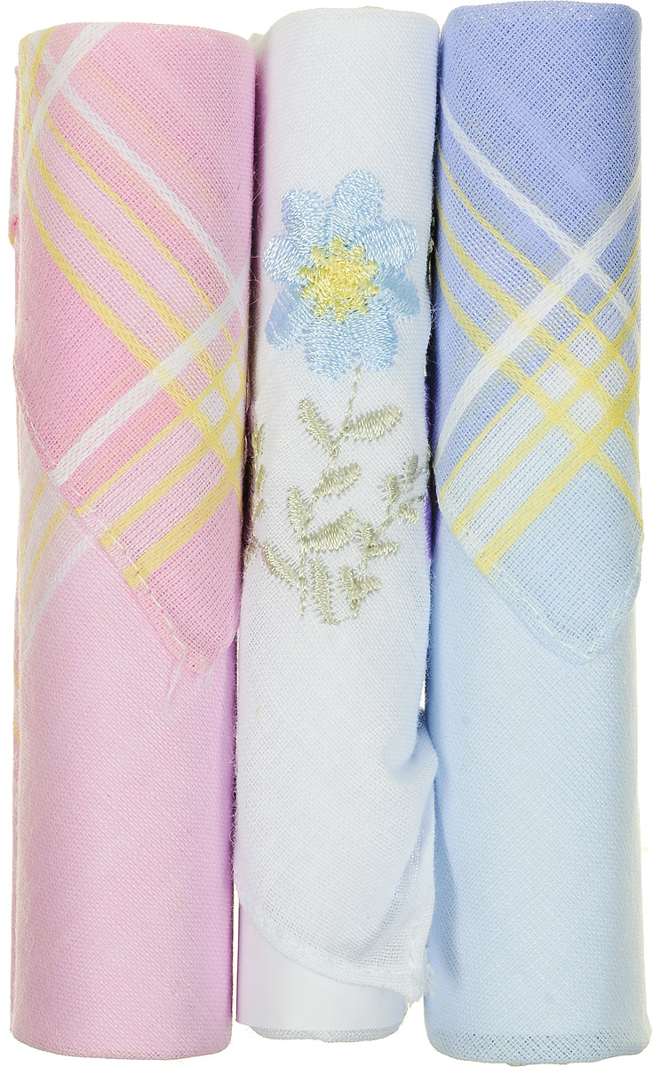 Платок носовой женский Zlata Korunka, цвет: голубой, белый, розовый, 3 шт. 40423-46. Размер 28 см х 28 см