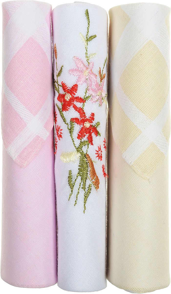 Платок носовой женский Zlata Korunka, цвет: розовый, белый, бежевый, 3 шт. 40423-54. Размер 28 см х 28 см