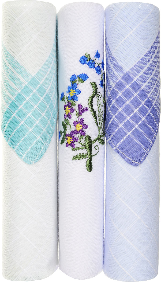 Платок носовой женский Zlata Korunka, цвет: бирюзовый, белый, голубой, 3 шт. 40423-99. Размер 28 см х 28 см