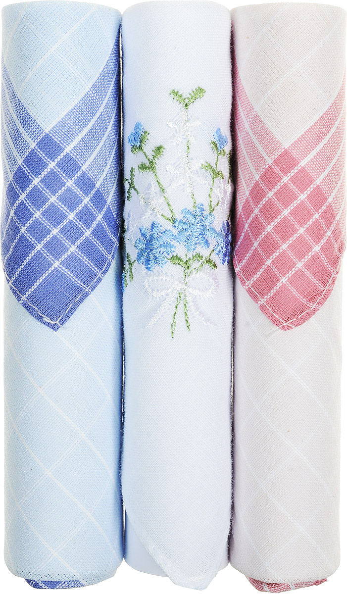 Платок носовой женский Zlata Korunka, цвет: голубой, белый, розовый, 3 шт. 40423-72. Размер 28 см х 28 см