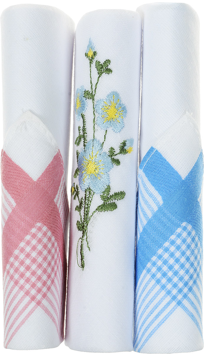 Платок носовой женский Zlata Korunka, цвет: голубой, белый, розовый, 3 шт. 40423-109. Размер 28 см х 28 см
