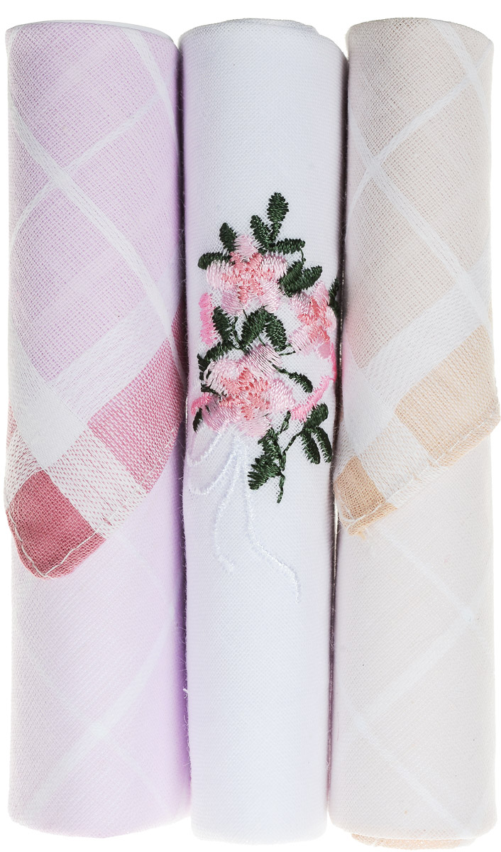 Платок носовой женский Zlata Korunka, цвет: розовый, белый, бежевый, 3 шт. 40423-33. Размер 28 см х 28 см