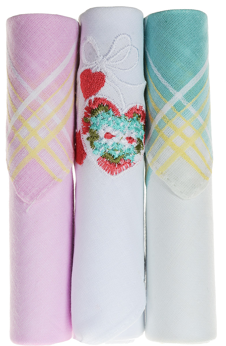 Платок носовой женский Zlata Korunka, цвет: розовый, белый, бирюзовый, 3 шт. 40423-3. Размер 28 см х 28 см