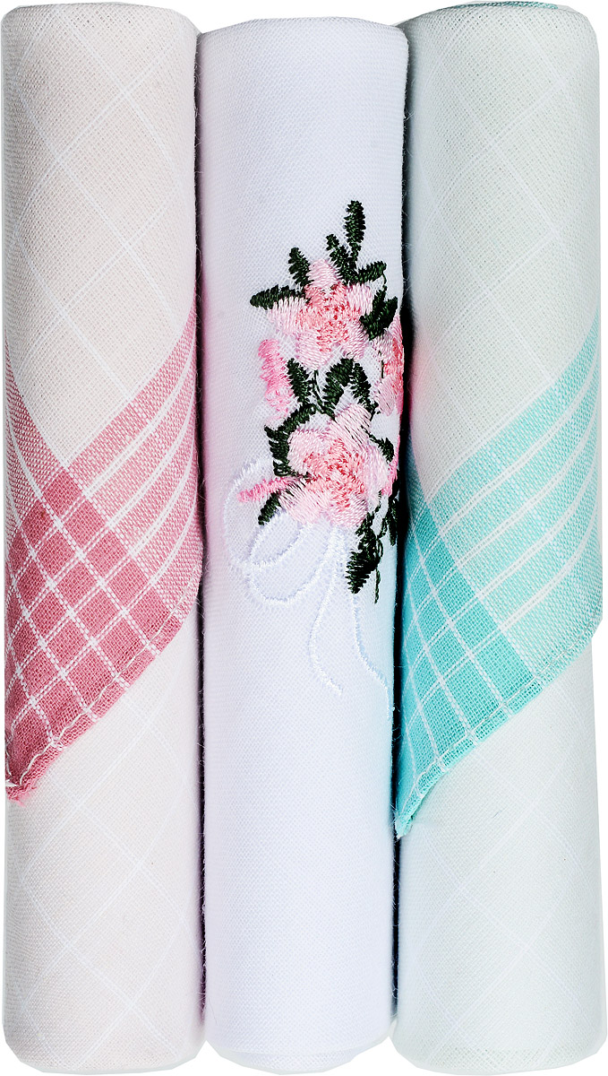 Платок носовой женский Zlata Korunka, цвет: розовый, белый, бирюзовый, 3 шт. 40423-28. Размер 28 см х 28 см