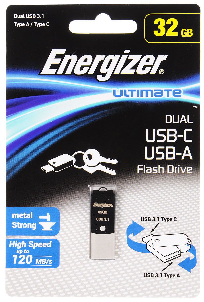 Energizer Ultimate Dual 32GB флэш-накопительFOTUCUO32R Energizer Ultimate Dual 32GB флэш-накопительFOTUCUO32RДвухсторонний флэш-накопитель Energizer Ultimate Dual идеально подходит для быстрого и удобного переноса фильмов, фотографий, музыки и файлов со смартфона с разъемом USB Тип C на персональный компьютер. Кабель или беспроводное соединение не требуются.