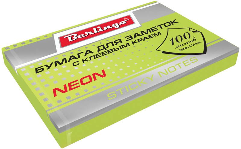Berlingo Бумага для заметок с липким краем Neon 7,6 х 5,1 см цвет зеленый 100 листовHN7651GN Berlingo Бумага для заметок с липким краем Neon 7,6 х 5,1 см цвет зеленый 100 листовHN7651GNБумага для заметок с липким краем Berlingo Neon- это удобное и практичное решение для быстрой записи информации дома или на работе.Блок бумаги с клеевым краем рассчитанный на крепление к любой поверхности, не оставляет следов. Блок имеет яркий неоновый зеленый цвет. Размер блока - 76 х 51 мм. В блоке 100 листов.