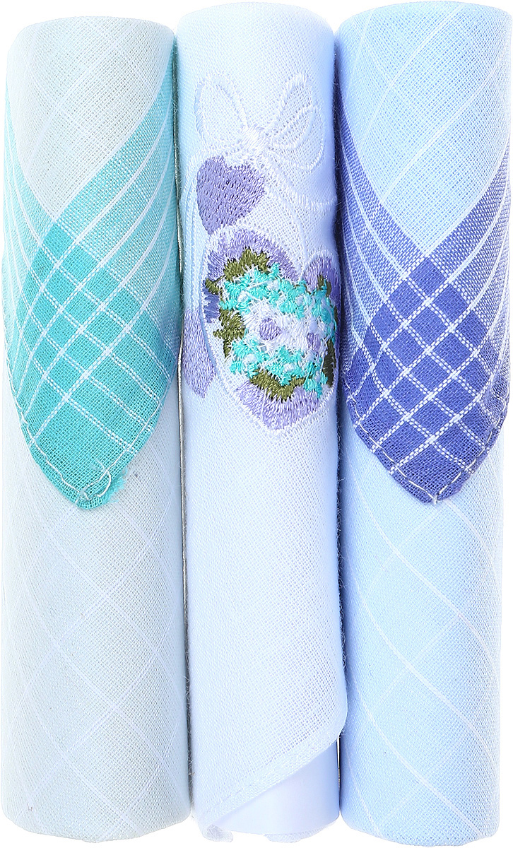 Платок носовой женский Zlata Korunka, цвет: бирюзовый, белый, голубой, 3 шт. 40423-21. Размер 28 см х 28 см