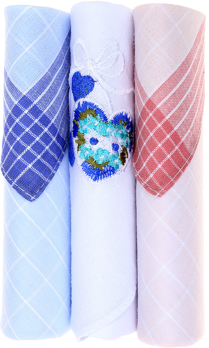 Платок носовой женский Zlata Korunka, цвет: голубой, белый, розовый, 3 шт. 40423-19. Размер 28 см х 28 см