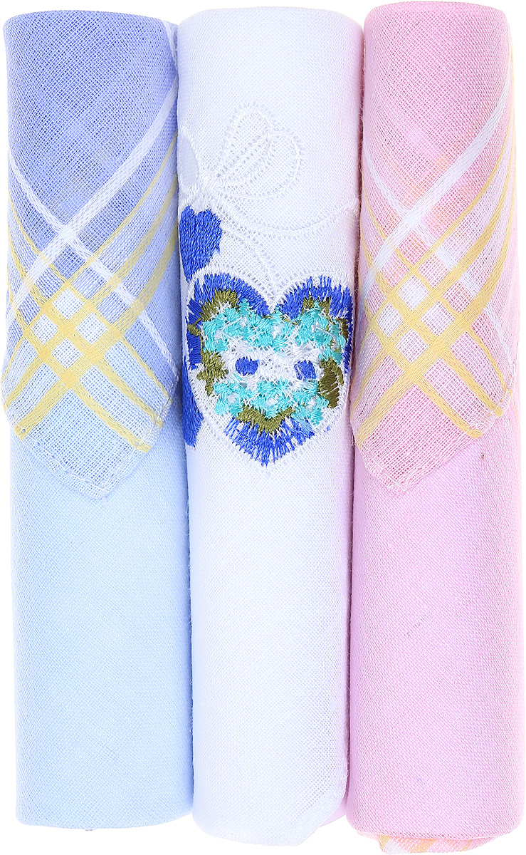 Платок носовой женский Zlata Korunka, цвет: голубой, белый, розовый, 3 шт. 40423-2. Размер 28 см х 28 см
