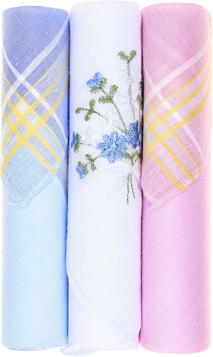 Платок носовой женский Zlata Korunka, цвет: голубой, белый, розовый, 3 шт. 40423-64. Размер 28 см х 28 см