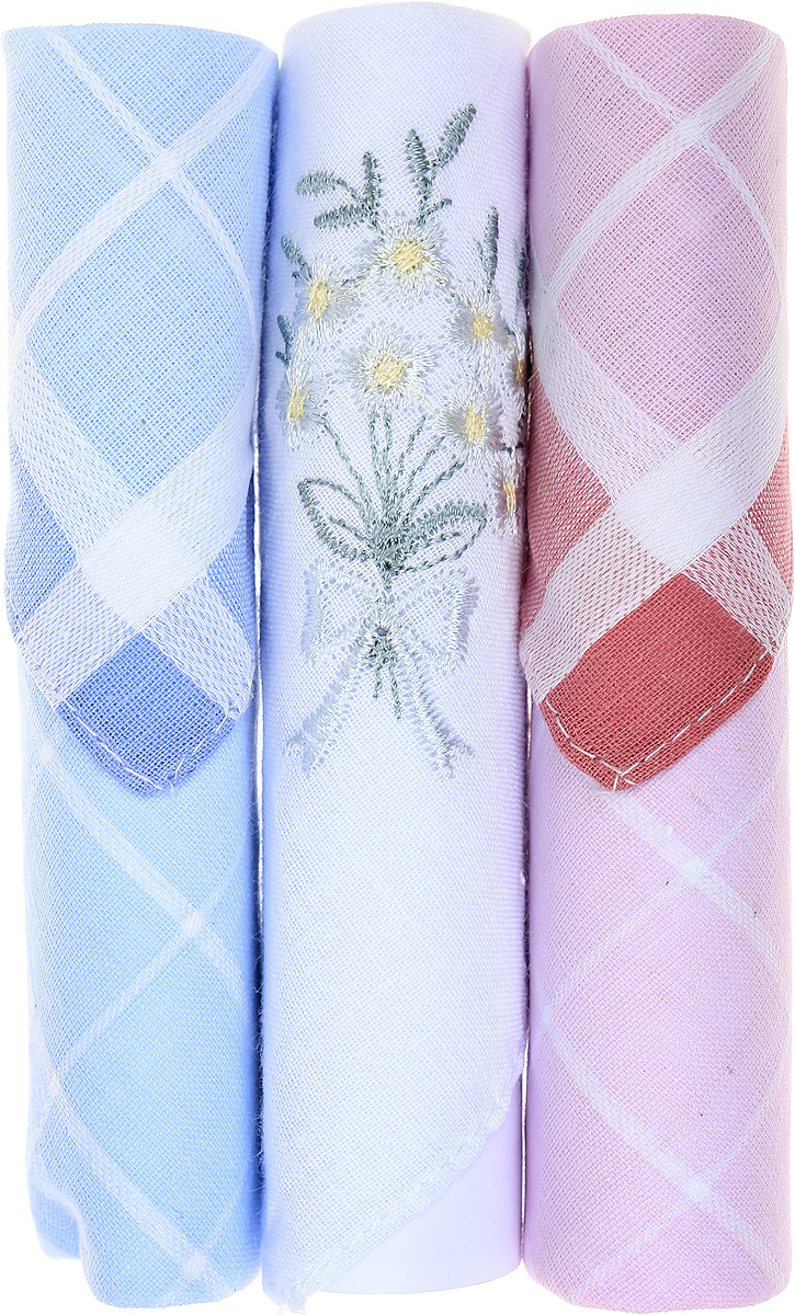 Платок носовой женский Zlata Korunka, цвет: голубой, белый, розовый, 3 шт. 40423-104. Размер 28 см х 28 см