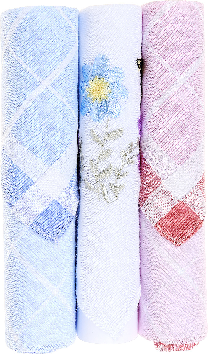 Платок носовой женский Zlata Korunka, цвет: голубой, белый, розовый, 3 шт. 40423-49. Размер 28 см х 28 см