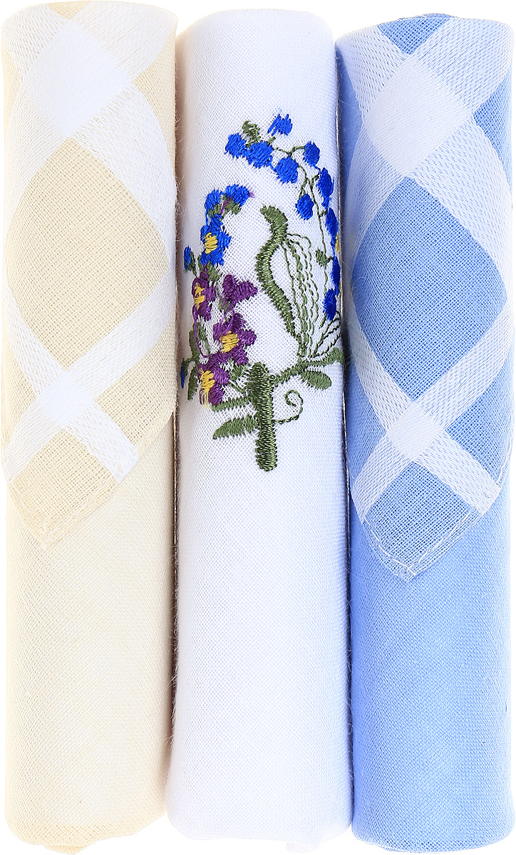 Платок носовой женский Zlata Korunka, цвет: бежевый, белый, голубой, 3 шт. 40423-131. Размер 28 см х 28 см