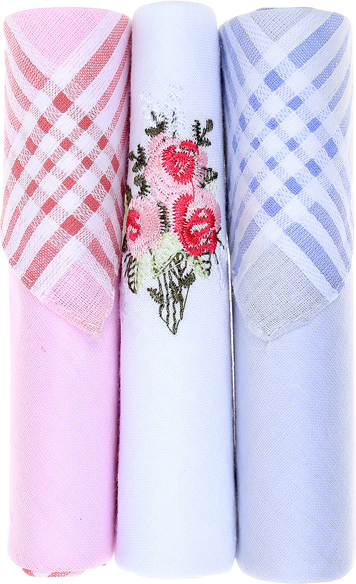 Платок носовой женский Zlata Korunka, цвет: розовый, белый, голубой, 3 шт. 40423-8. Размер 28 см х 28 см