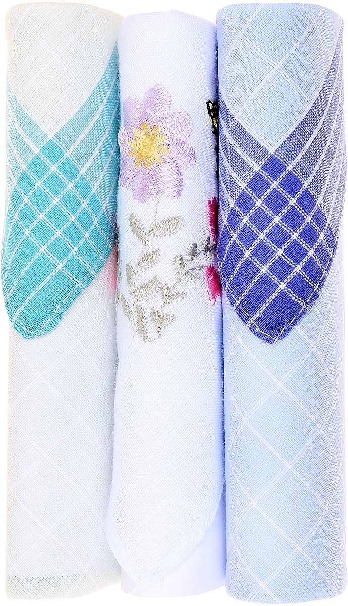 Платок носовой женский Zlata Korunka, цвет: бирюзовый, белый, голубой, 3 шт. 40423-107. Размер 28 см х 28 см