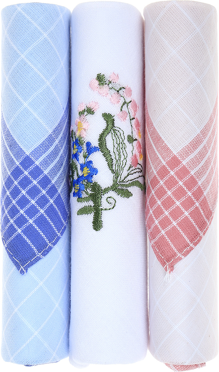 Платок носовой женский Zlata Korunka, цвет: голубой, белый, розовый, 3 шт. 40423-98. Размер 28 см х 28 см