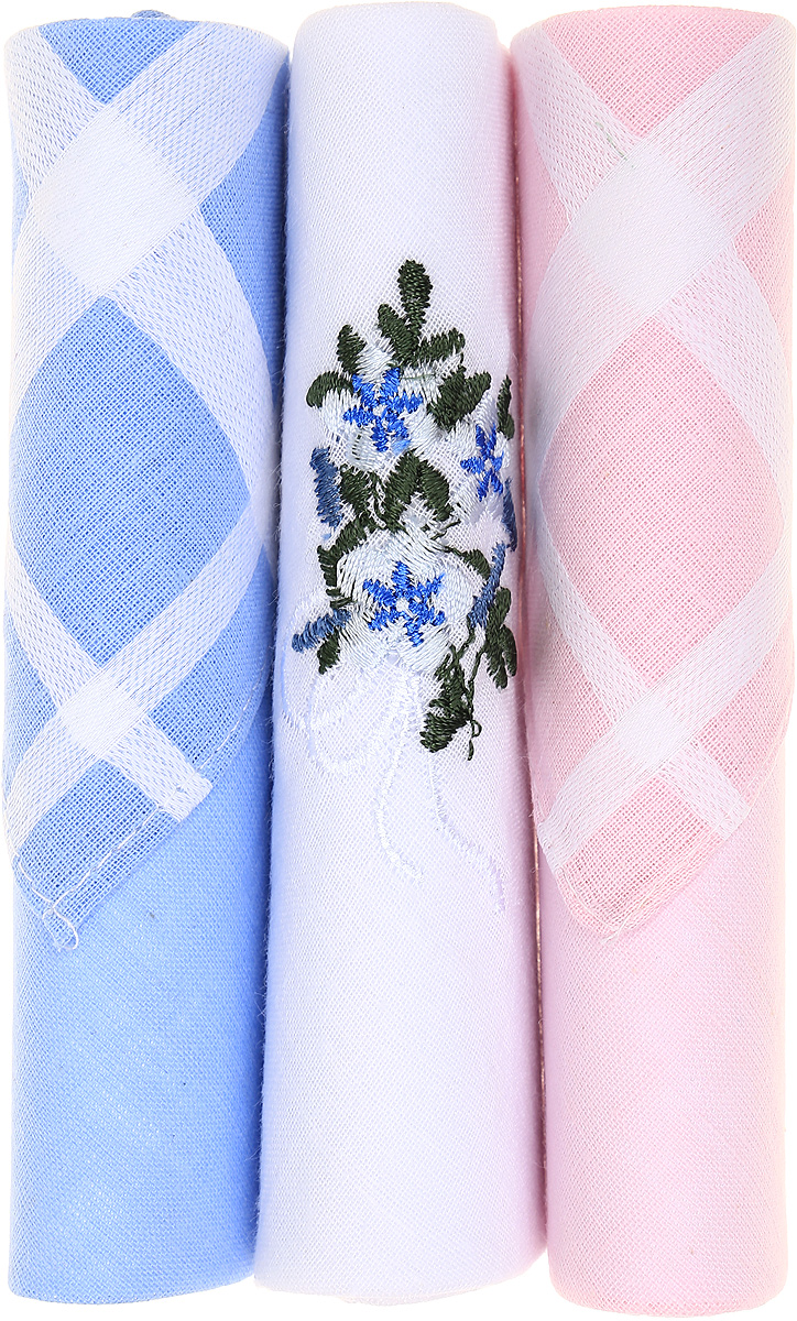 Платок носовой женский Zlata Korunka, цвет: голубой, белый, розовый, 3 шт. 40423-42. Размер 28 см х 28 см