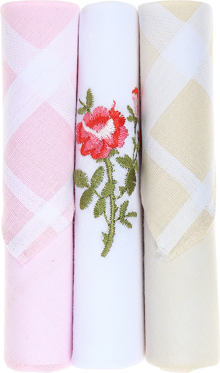 Платок носовой женский Zlata Korunka, цвет: розовый, белый, бежевый, 3 шт. 40423-85. Размер 28 см х 28 см