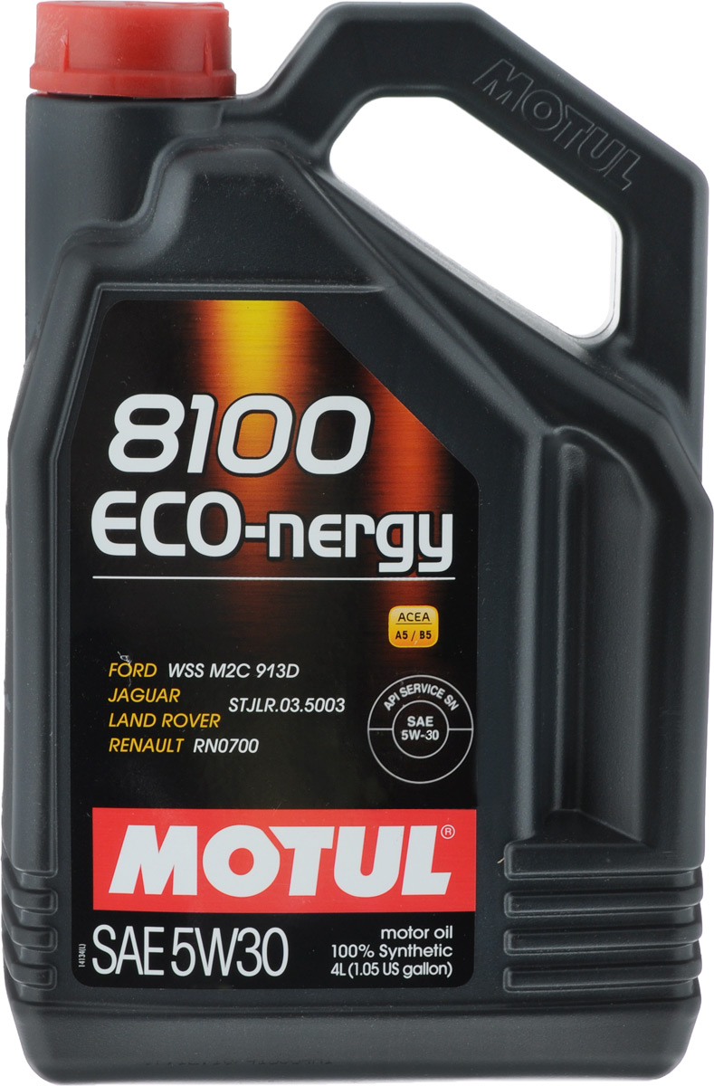 Масло моторное Motul 8100 Eco-nergy, синтетическое, 5W-30, 4 л104257 Масло моторное Motul 8100 Eco-nergy, синтетическое, 5W-30, 4 л104257100% синтетическое моторное масло для бензиновых и дизельных двигателей.Энергосберегающее 100% синтетическое моторное масло разработано специально для мощных современных бензиновых и дизельных двигателей автомобилей, в том числе с непосредственным впрыском, для которых предусмотрено использование масел с низкой высокотемпературной вязкостью в условиях высоких скоростей сдвига (HTHS). Предназначено для бензиновых и дизельных двигателей, созданных по новым технологиям, для которых предписаны масла Fuel Economy (ACEA A1/B1 и А5/В5). Совместимо с системами нейтрализации отработавших газов. ACEA Стандарты: ACEA A5/B5API Стандарты: API SL/CFОдобрения: FORD WSS M2C 913D; Jaguar, Land Rover STJLR.03.5003; Renault RN0700.