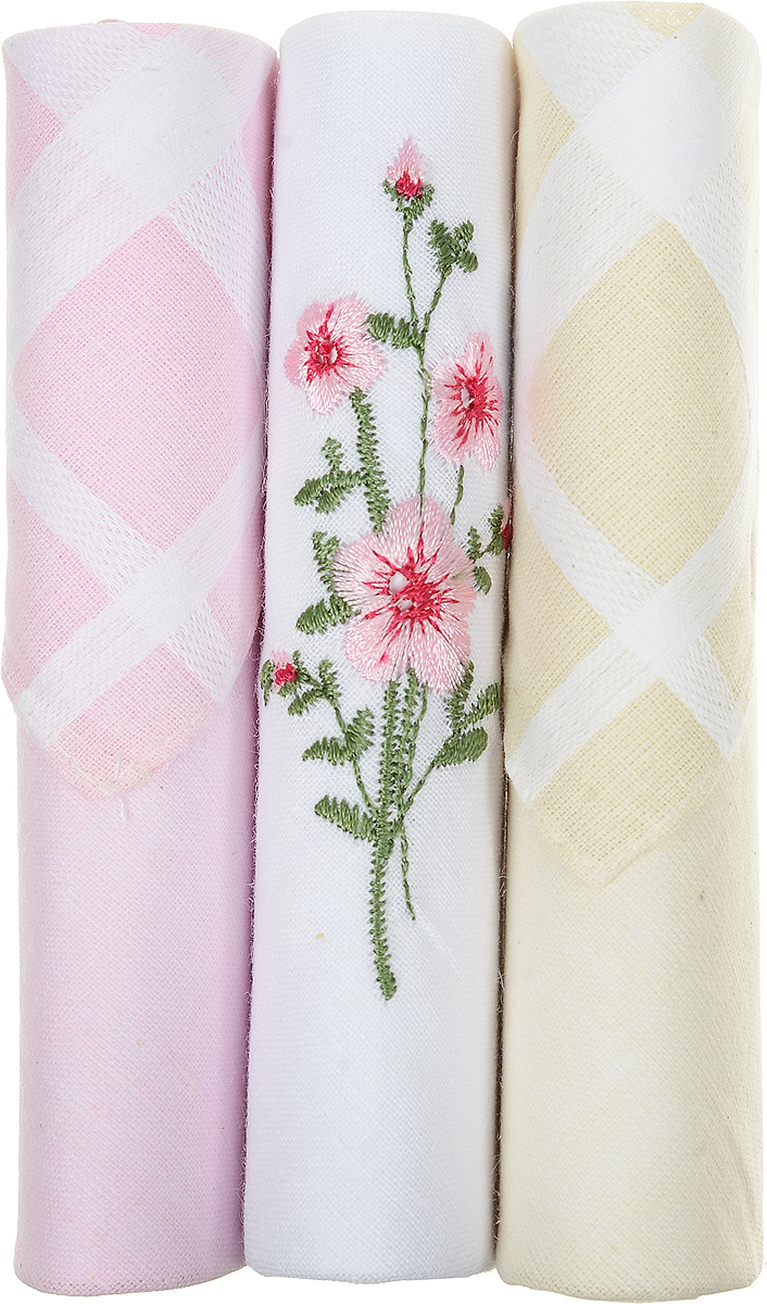 Платок носовой женский Zlata Korunka, цвет: розовый, белый, бежевый, 3 шт. 40423-82. Размер 28 см х 28 см