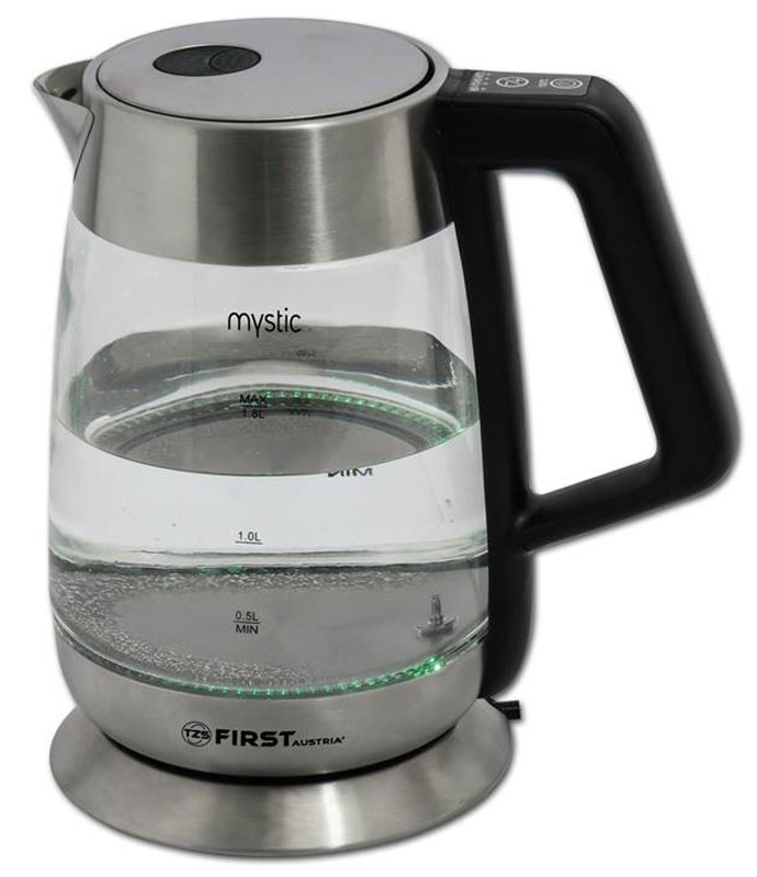 First FA-5406-7, Black чайник электрическийFA-5406-7 Black First FA-5406-7, Black чайник электрическийFA-5406-7 BlackЭлектрический чайник First FA-5406-7 прост в управлении и долговечен в использовании. Корпус выполнен из термостойкого стекла. Оснащен кнопкой открытия крышки, четырехцветной внутренней подсветкой и звуковым сигналом об окончании нагрева. Мощность 2200 Вт быстро вскипятит 1,7 литра воды. Беспроводное соединение позволяет вращать чайник на подставке на 360°. Для обеспечения безопасности при повседневном использовании предусмотрены функция автовыключения, а также защита от перегрева.Регулировка степени нагрева воды 60-100 °С