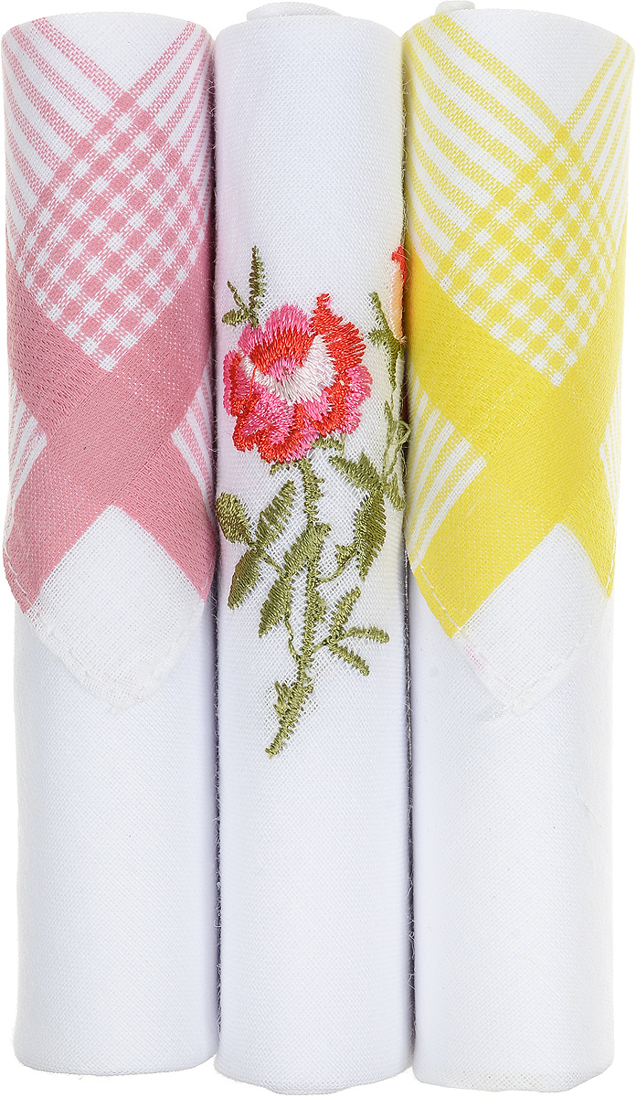 Платок носовой женский Zlata Korunka, цвет: розовый, белый, желтый, 3 шт. 40423-92. Размер 28 см х 28 см