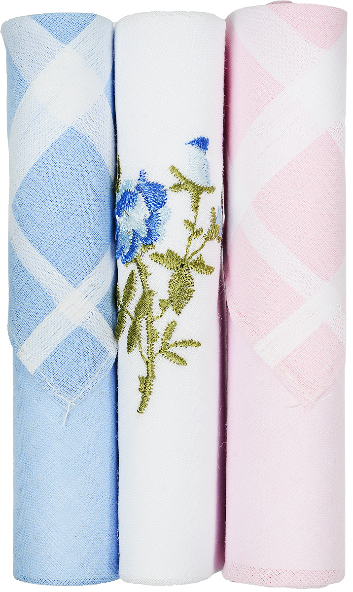 Платок носовой женский Zlata Korunka, цвет: голубой, белый, розовый, 3 шт. 40423-87. Размер 28 см х 28 см