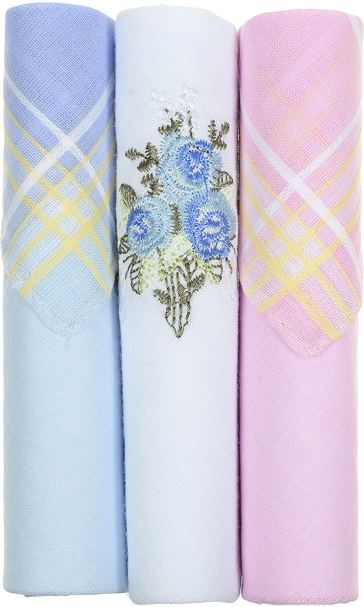 Платок носовой женский Zlata Korunka, цвет: голубой, белый, розовый, 3 шт. 40423-59. Размер 28 см х 28 см