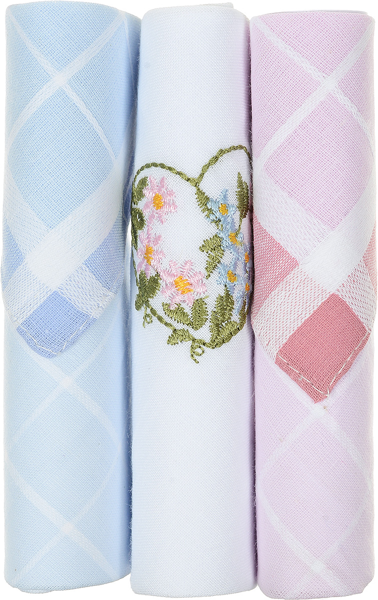 Платок носовой женский Zlata Korunka, цвет: голубой, белый, розовый, 3 шт. 40423-35. Размер 28 см х 28 см