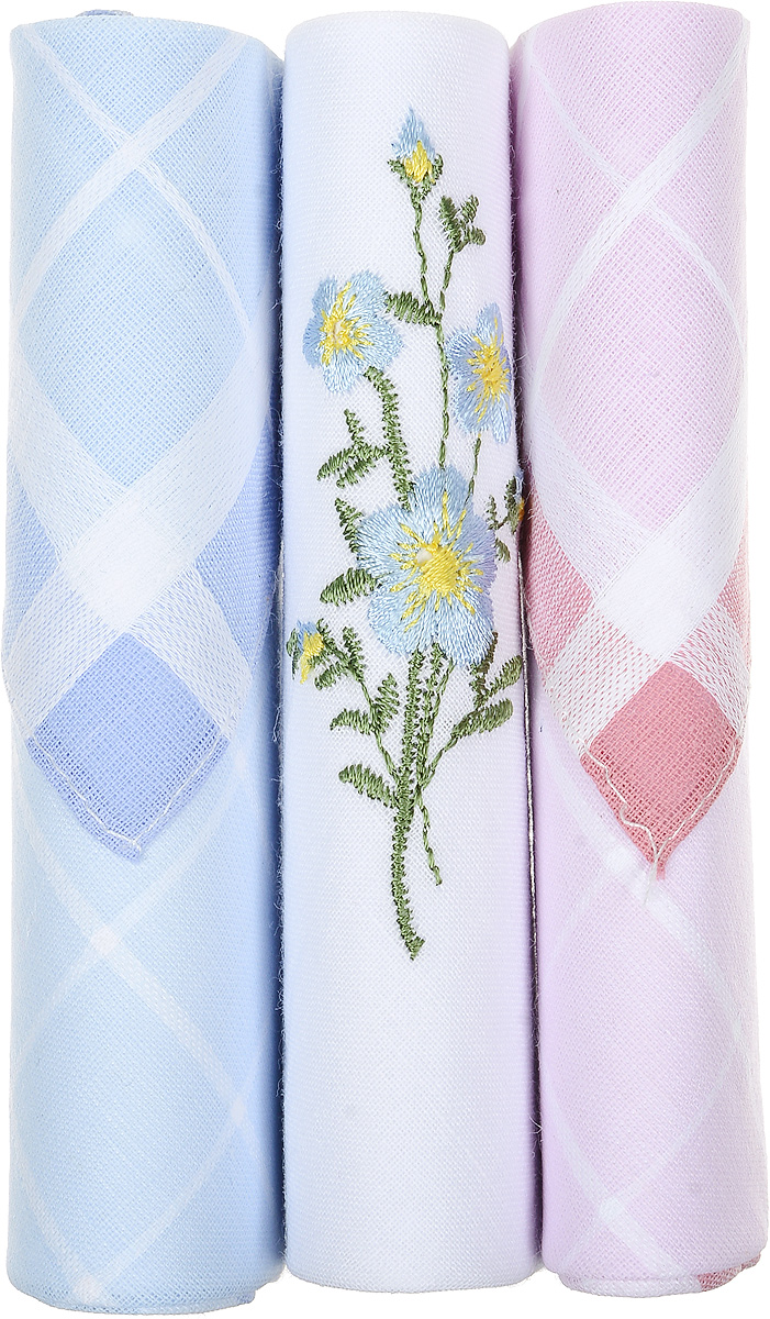 Платок носовой женский Zlata Korunka, цвет: голубой, белый, розовый, 3 шт. 40423-84. Размер 28 см х 28 см