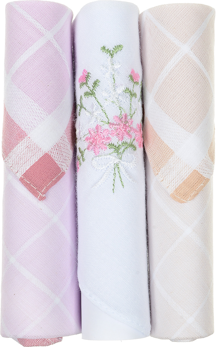 Платок носовой женский Zlata Korunka, цвет: розовый, белый, бежевый, 3 шт. 40423-73. Размер 28 см х 28 см