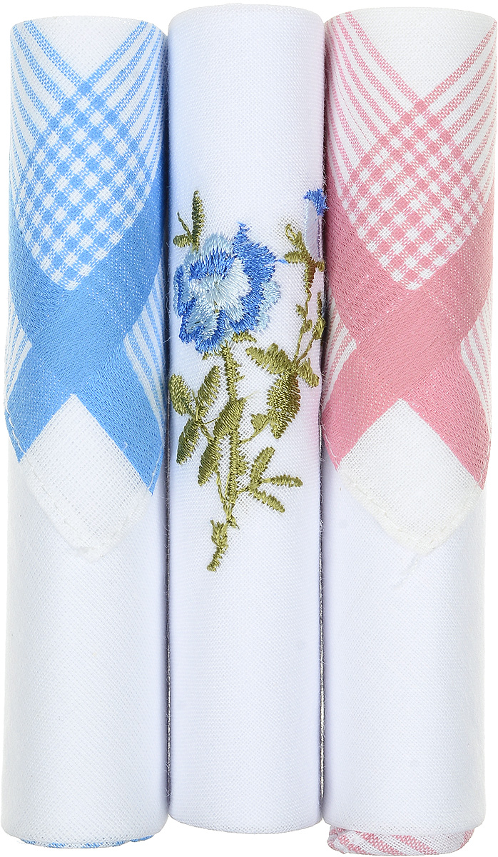 Платок носовой женский Zlata Korunka, цвет: голубой, белый, розовый, 3 шт. 40423-91. Размер 28 см х 28 см