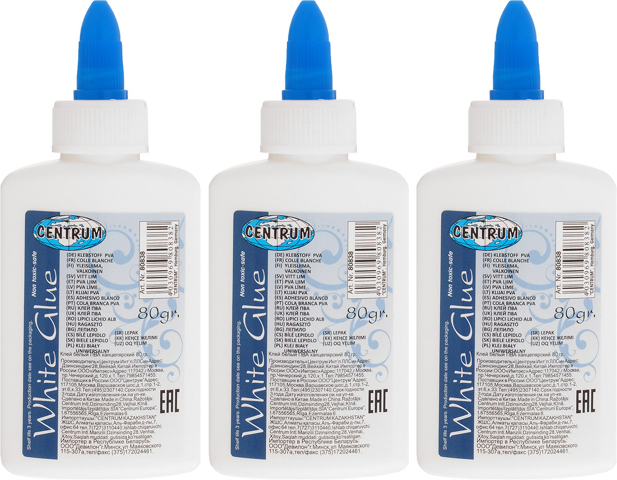 Centrum Набор клея ПВА White glue с дозатором 80 г80838О Centrum Набор клея ПВА White glue с дозатором 80 г80838ОКлей ПВА Centrum White glue незаменим в доме, школе и офисе. Он обеспечивает аккуратное склеивание бумаги, картона, дерева, фарфора и кожи. Удобный флакон с колпачком-дозатором позволяет наносить клей каплями или тонкой линией, избегая наплывов и подтеков. В наборе 3 клея по 80 гр.