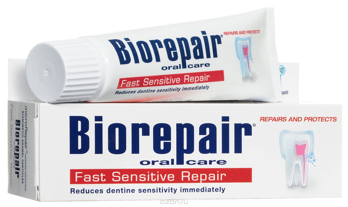 Biorepair Зубная паста для чувствительных зубов Fast Sensitive Repair, 75 млGA014800 Biorepair Зубная паста для чувствительных зубов Fast Sensitive Repair, 75 млGA014800Зубная паста восстанавливает естественный барьер чувствительности благодаря действию микрочастиц Microrepair,формирующих защитный слой гидроксиапатита, который запускает реминерализацию на поверхности эмали и дентина. Содержит частицы microrepair. Индекс абразивности - RDA 14,7.