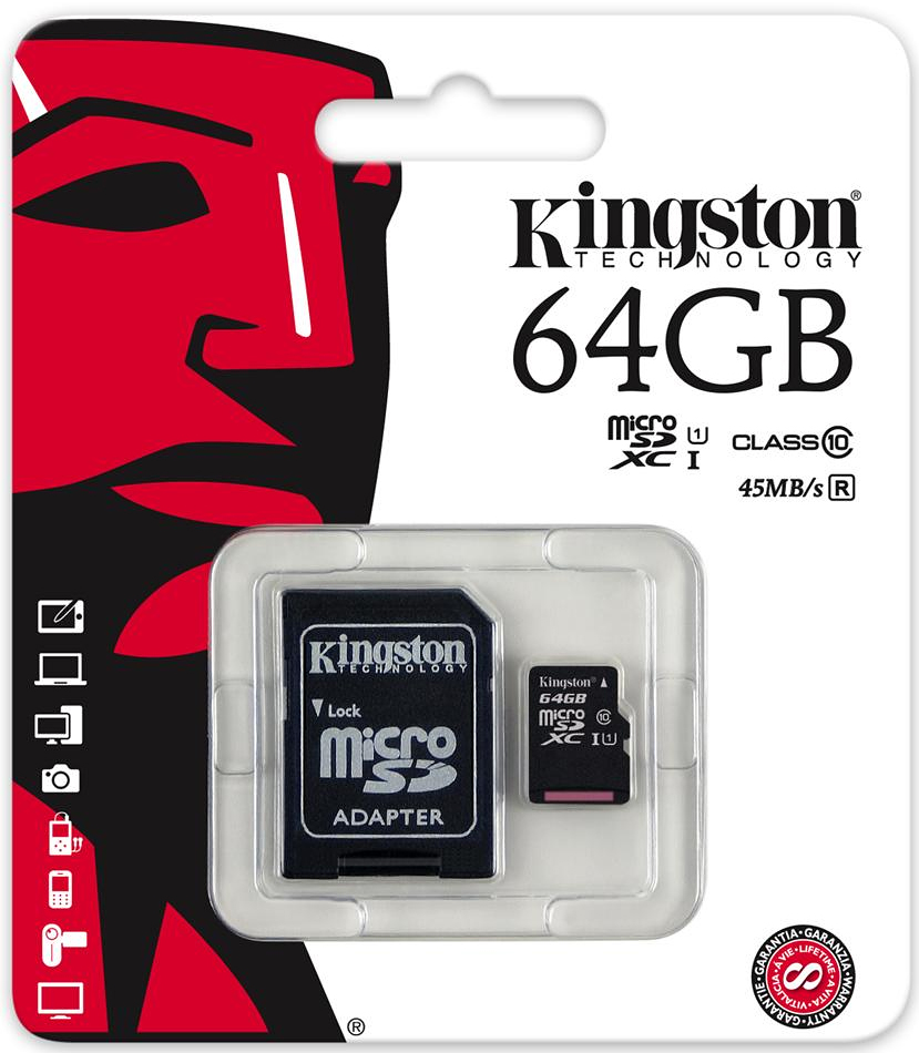 Kingston microSDXC Class 10 UHS-I 64GB карта памяти с адаптером (45/10 Мб/с)SDC10G2/64GB Kingston microSDXC Class 10 UHS-I 64GB карта памяти с адаптером (45/10 Мб/с)SDC10G2/64GBКарта памяти Kingston microSDXC Class 10 UHS-I поможет вам в увеличении объема памяти мобильных телефонов, смартфонов, планшетов и других портативных устройств. Данная модель имеет все основные защитные функции от Kingston: водонепроницаемый корпус, ударостойкость и виброустойчивость, защиту от рентгеновских аппаратов в аэропортах и экстремальных температур.