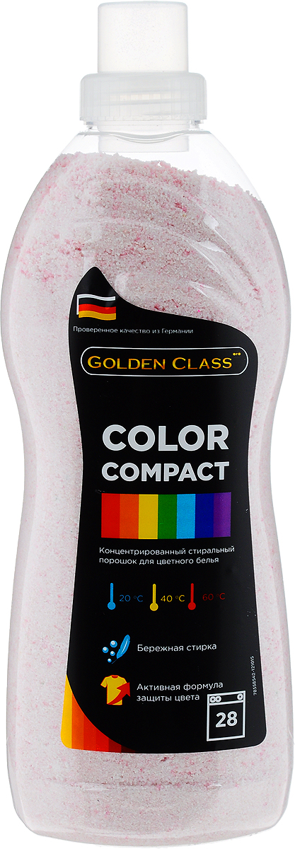 Стиральный порошок Golden Class Color Compact, концентрированный, для цветного белья, 1,75 кг06103 Стиральный порошок Golden Class Color Compact, концентрированный, для цветного белья, 1,75 кг06103Стиральный порошок Golden Class Color Compact предназначен для стирки изделий из хлопчатобумажных, льняных, синтетических, смесовых, цветных тканей при температуре от 20 до 60°С. Для изделий из шерсти и натурального шелка используйте специальные моющие средства. Color Compact - это порошок с пониженным пенообразованием, который специально разработан для стирки белья в автоматических стиральных машинах всех типов. Благодаря инновационной технологии порошок отлично удаляет даже самые сложные пятна. Гранулы пятновыводителя быстро растворяются в воде и начинают действовать на пятно уже в самом начале стирки. Не содержит отбеливателей. Особенности: - Защита структуры волокон ткани и препятствие появлению катышек.- Не содержит фосфатов.- Содержит вещества, препятствующие образованию накипи.- Придает белью приятный свежий аромат.- Предварительная стирка не требуется.Экономичность: 1 упаковка стирального порошка Color Compact для стирки 150 кг сухого белья (на 28 стирок). Товар сертифицирован.