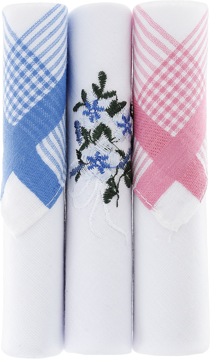 Платок носовой женский Zlata Korunka, цвет: белый, голубой, розовый, 3 шт. 40423-23. Размер 28 см х 28 см