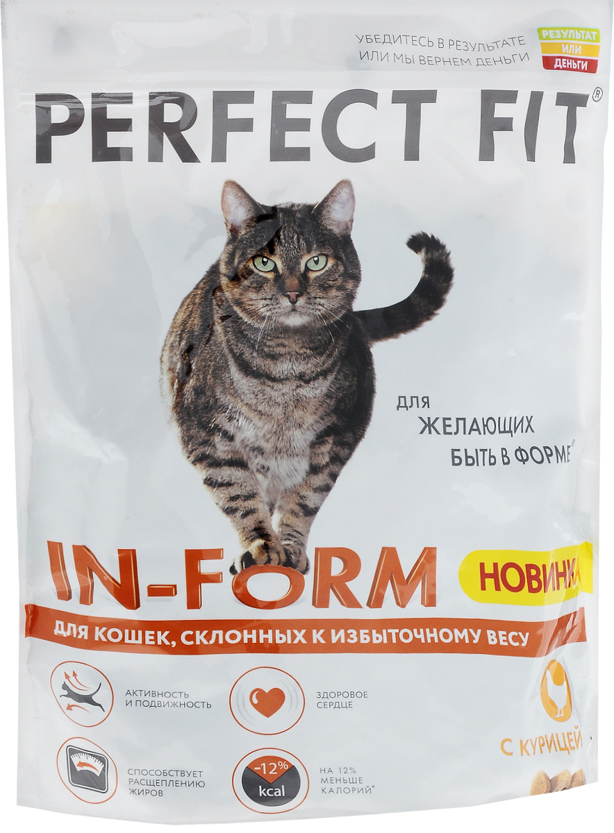 Корм сухой Perfect Fit In-Form для кошек со склонностью к избыточному весу, с курицей, 650 г4607065375058 Корм сухой Perfect Fit In-Form для кошек со склонностью к избыточному весу, с курицей, 650 г4607065375058Корм сухой Perfect Fit In-Form - это вкусное и сбалансированное питание для кошек, склонных к излишнему весу. Каждая кошка уникальна. Некоторые кошки любят весь день проводить за играми, другие, напротив, нежиться в удобстве. Однако тем из них, кому предпочтительнее проводить время, устроившись комфортно на диване, чаще грозит потеря идеальной фигуры. Для предотвращения этого используйте идеально согласованное, высококачественное питание, чтобы ваш ленивый любимец всегда оставался в форме и в хорошем настроении.Ключевые особенности: На 12% меньше калорий. Специальная рецептура позволяет снизить потребление калорий в каждом кормлении. Способствует расщеплению жиров. Содержит L-карнитин, который способствует расщеплению жиров. Здоровое сердце. Содержит таурин для поддержания здоровья сердца. Активность и подвижность. Поддержание оптимального веса способствует хорошей активности и подвижности животного. Корм не содержит ароматизаторов, красителей, консервантов. Товар сертифицирован.
